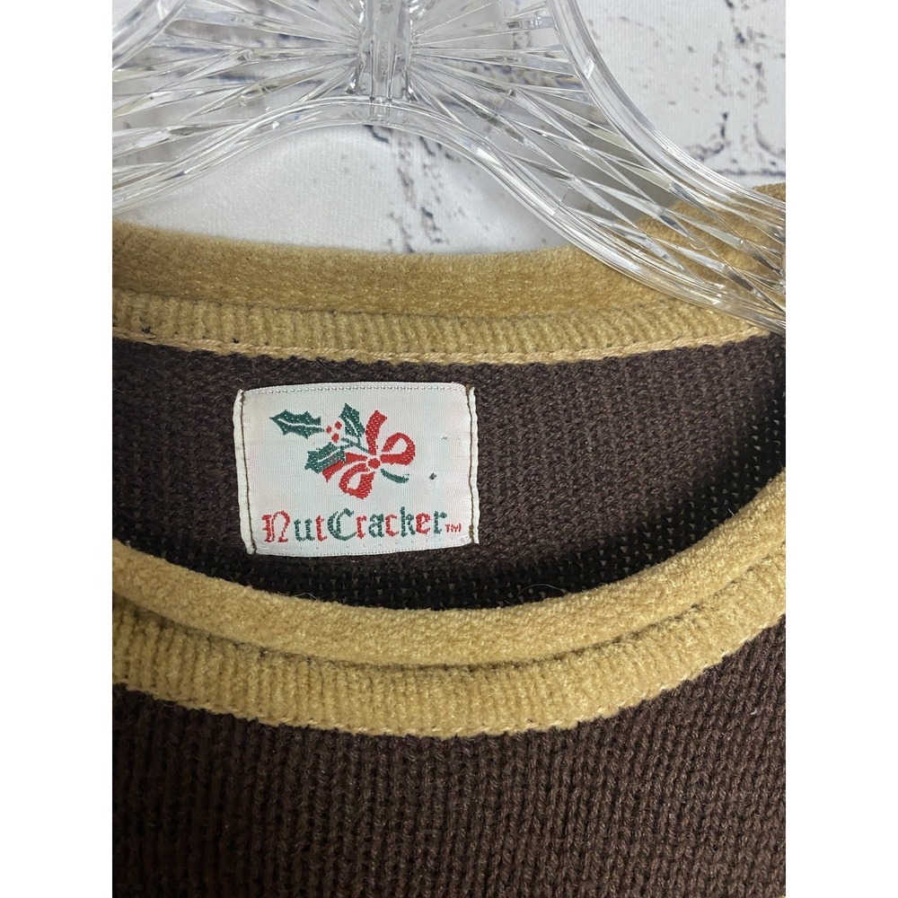 Vtg Nutcracker Brown Embroidered Ugly Christmas Tree Bear Sweater Women's LARGE - Picture 3 of 12